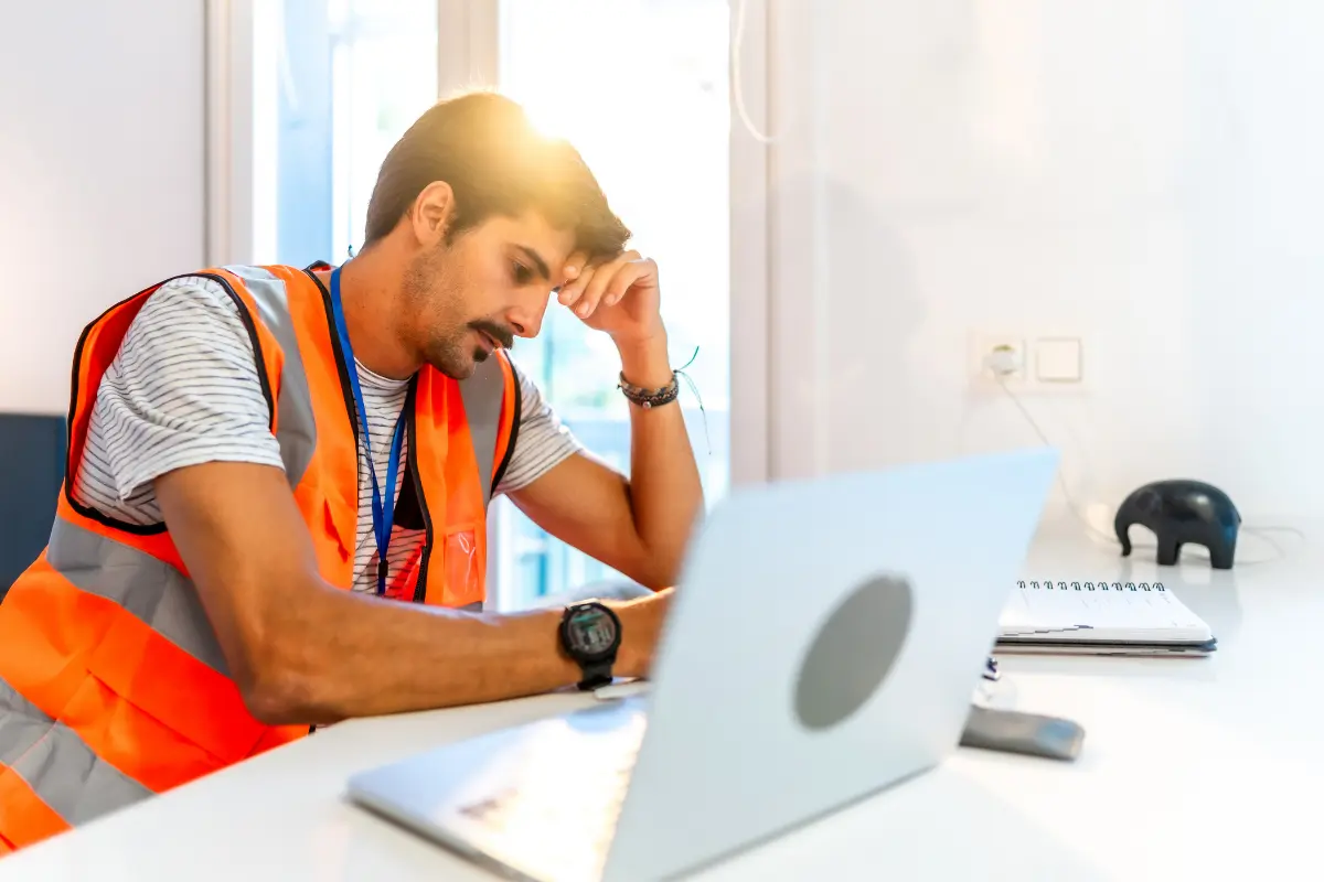Safety manager stressed while reviewing a DOT consortium closure notice on his laptop