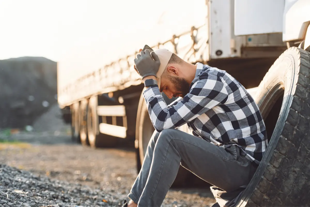 Injured truck driver sitting beside his rig after a crash that requires DOT testing
